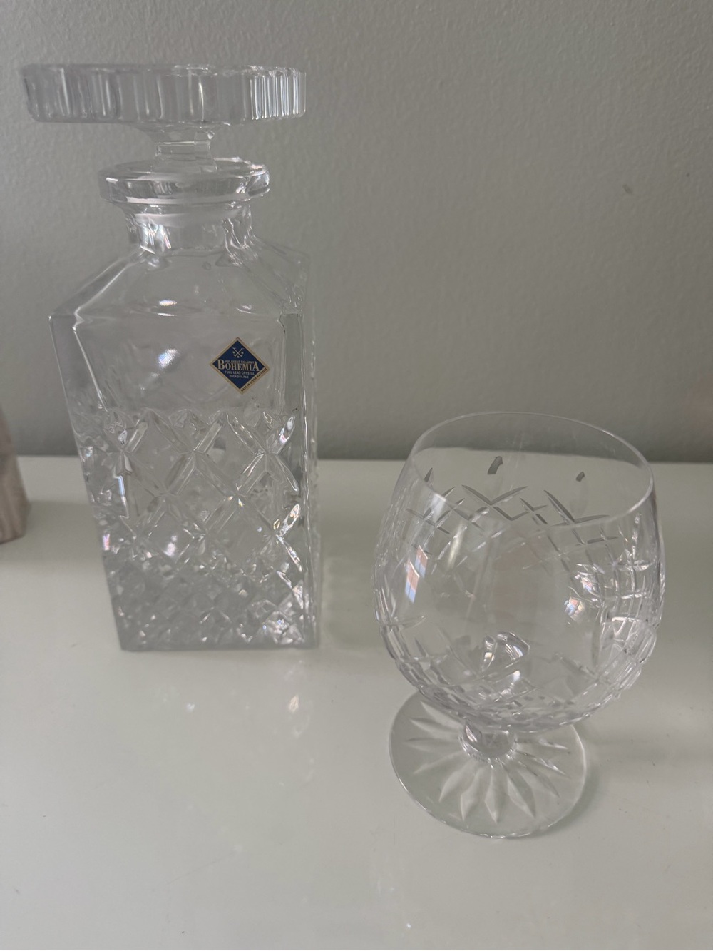 Set of 2 Bohemian Lead Crystal Square Decanter with Stopper & Lismore Snifter
